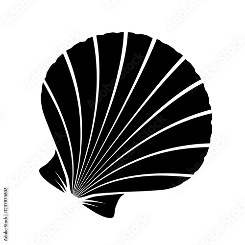 Sea scallop shell or bivalve mollusk shell, black silhouette isolated on white. Segmented shape, stencil style. Vector clipart, monochrome sign for illustration, marine design, icon or  logo.