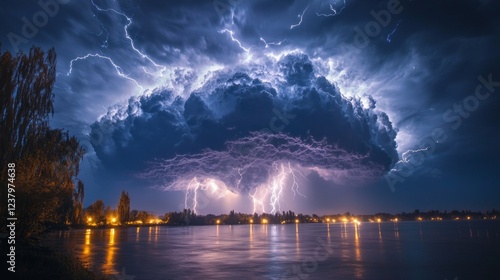 Dark storm clouds erupt with fierce lightning above a calm lake, casting a dramatic glow on nearby trees and illuminating the night sky. Nature's fury captivates the onlooker