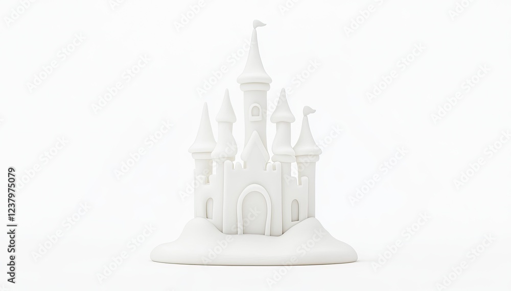 White fantasy castle sculpture with multiple towers on a smooth surface, minimalist design White fantasy castle sculpture with multiple towers on a smooth surface, minimalist design