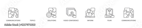 Meeting icon set flow process which consists of communications, topics, solutions, plan, inform and video conference  icon live stroke and easy to edit .
