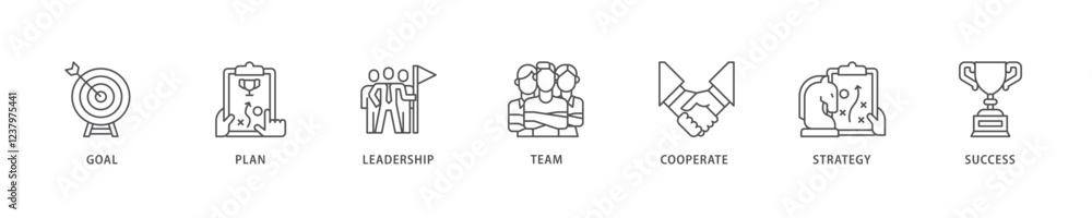 Mission icon set flow process which consists of goal, plan, leadership, team, cooperate, strategy and success icon live stroke and easy to edit . Mission icon set flow process which consists of goal, plan, leadership, team, cooperate, strategy and success icon live stroke and easy to edit .