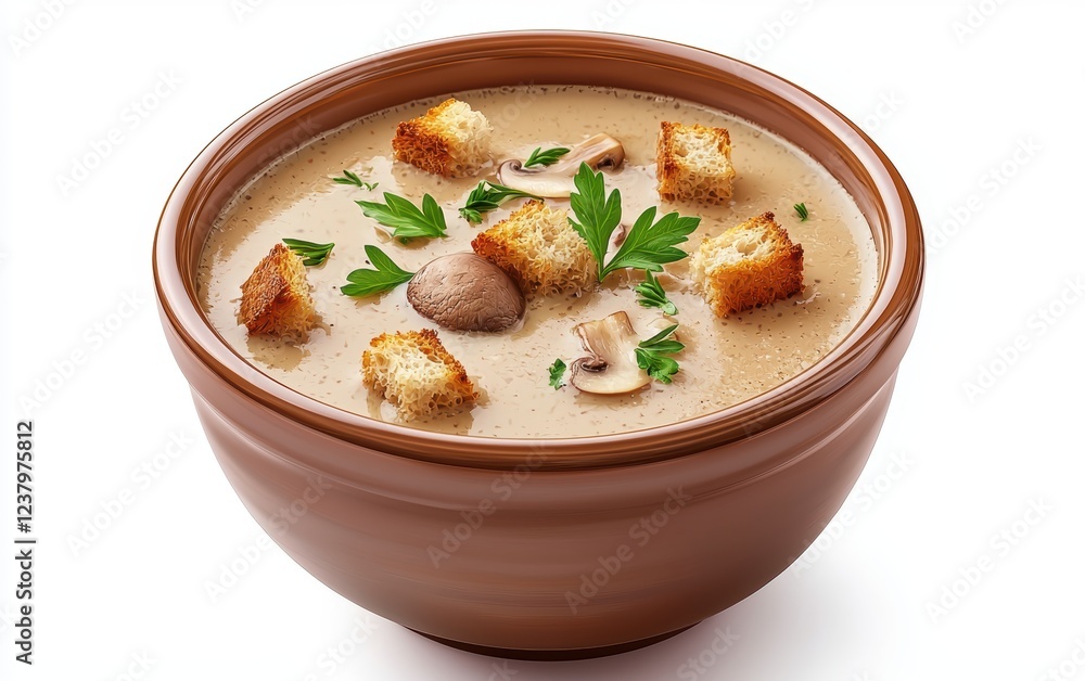 Bowl of creamy mushroom soup with croutons and fresh herbs isolated on a white background Bowl of creamy mushroom soup with croutons and fresh herbs isolated on a white background