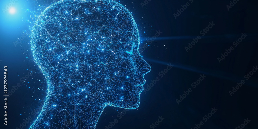 Digital art of human head silhouette with a glowing blue network, representing AI. Digital art of human head silhouette with a glowing blue network, representing AI.