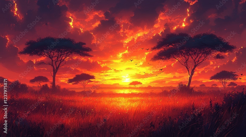 Vibrant sunset over a savannah landscape with silhouetted trees and colorful clouds Vibrant sunset over a savannah landscape with silhouetted trees and colorful clouds