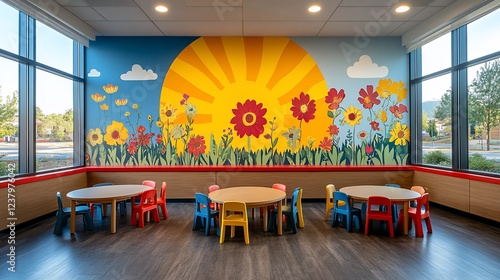 Colorful playroom with floral mural, tables, and chairs.