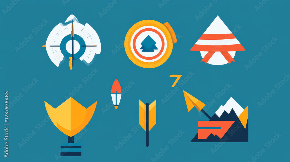 Business success, goal and target, leadership and management outline icons. Vector goal, objective, aim or purpose achieve award, flag, mountain and target with arrow, trophy, rocket isolated symbols Business success, goal and target, leadership and management outline icons. Vector goal, objective, aim or purpose achieve award, flag, mountain and target with arrow, trophy, rocket isolated symbols
