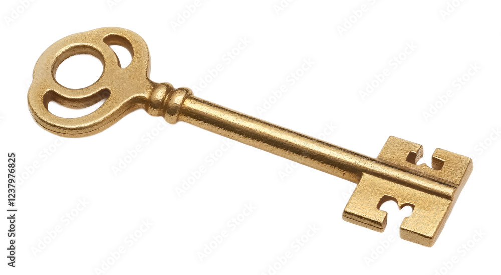 A golden key unlocking a metallic puzzle piece, isolated on a white background A golden key unlocking a metallic puzzle piece, isolated on a white background