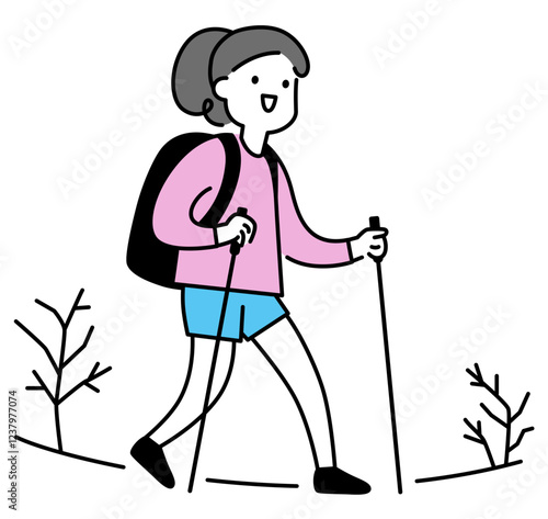 Young woman hiking with trekking poles