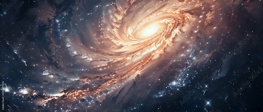 Fototapeta premium Breathtaking cosmic panorama featuring a luminous spiral galaxy, twinkling stars, and colorful nebula in the vast depths of outer space.