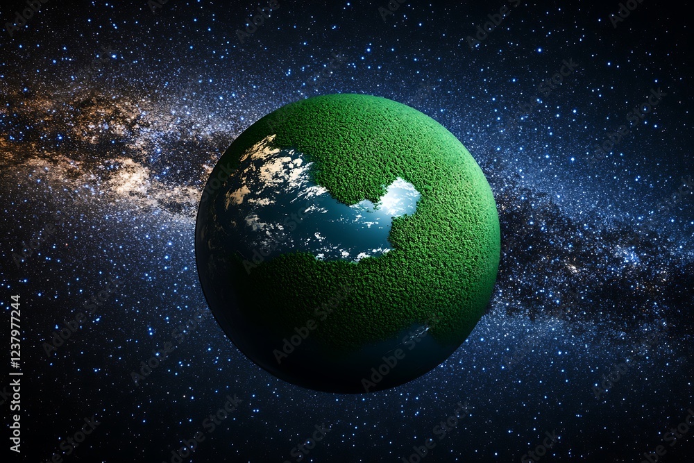 Fototapeta premium Green globe set against a backdrop of a starry night sky, illustrating the universe's connection to Earth.