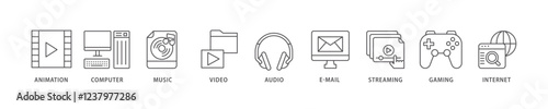 Multimedia icon set flow process which consists of e-mail, video, audio, internet, streaming, gaming, music, computer, animation icon live stroke and easy to edit .