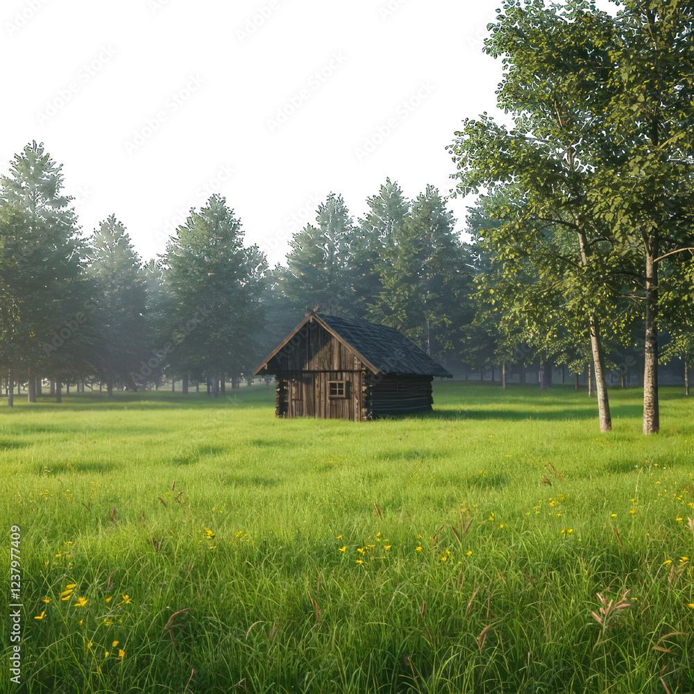 Small wooden cabin in a green field surrounded by trees under a clear blue sky captured in a tranquil rural setting with no people png Small wooden cabin in a green field surrounded by trees under a clear blue sky captured in a tranquil rural setting with no people png
