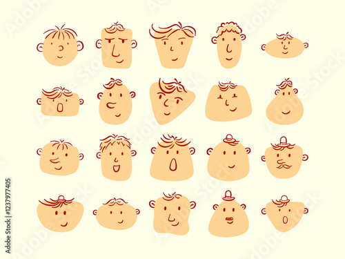 A Whimsical Collection of Hand-Drawn Cartoon Faces Illustrating Diverse Human Emotions and Unique Personalities, Perfect for Creative Design Concepts