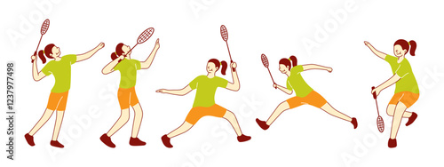Sequence of a female badminton player in different action poses, showcasing agility and athletic movement