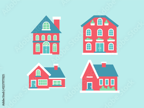 Collection of four charming, colorful, modern houses, showcasing diverse architectural styles against a serene blue background