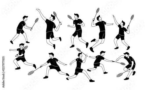 Collection of Badminton Player Silhouettes in Various Action Poses Demonstrating Athletic Movement