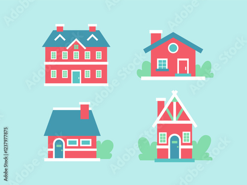 Collection of charming, flat-style houses with vibrant colors, ideal for real estate or home decor