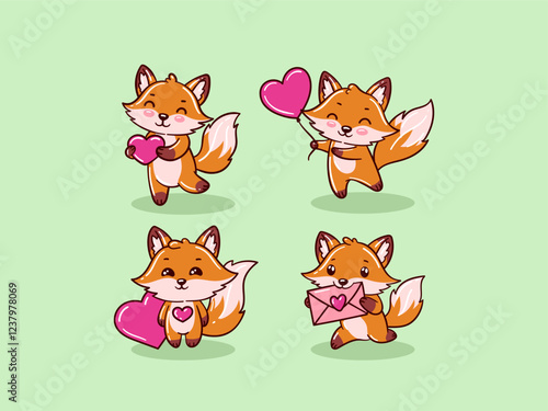 Adorable cartoon fox characters celebrating love with charming hearts and sweet gestures, perfect for romantic designs and Valentine's Day themes