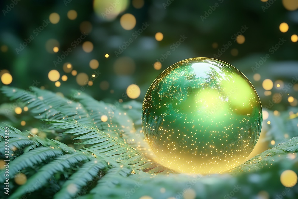 Green globe set in a delicate sea of ferns, surrounded by softly glowing pollen particles. Green globe set in a delicate sea of ferns, surrounded by softly glowing pollen particles.