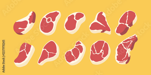 A vibrant flat illustration showcasing a diverse collection of fresh raw red meat cuts, featuring steaks, chops, and roasts, ideal for culinary or food industry graphic design