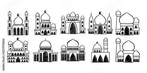 A collection of hand-drawn mosque illustrations featuring intricate Islamic architectural designs, perfect for religious holiday themes, cultural projects, presented in a minimalist sketch style