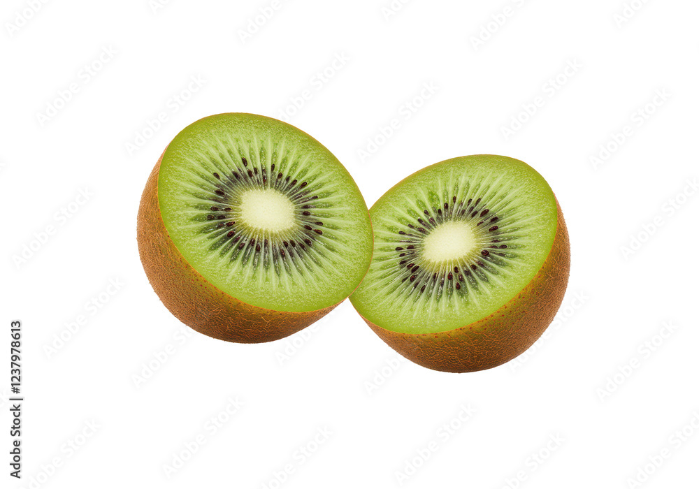 Halved kiwi fruit flying in the air isolated on white background, front angled view, no depth of field, sharp Halved kiwi fruit flying in the air isolated on white background, front angled view, no depth of field, sharp