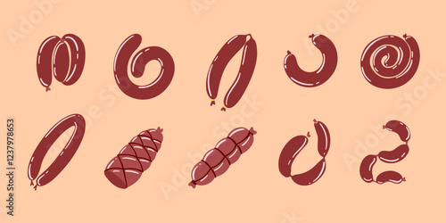 An inviting and diverse collection of savory sausages and wursts, presented in various appealing shapes and textures, perfect for a culinary exploration or hearty meal preparation