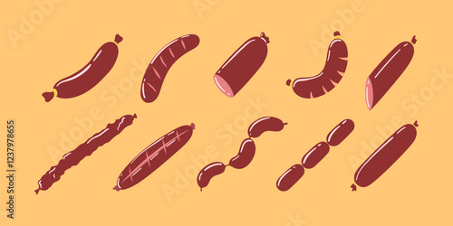 A diverse collection of sausage types, ranging from whole links to sliced varieties, presented in a stylized illustration against a warm, neutral background
