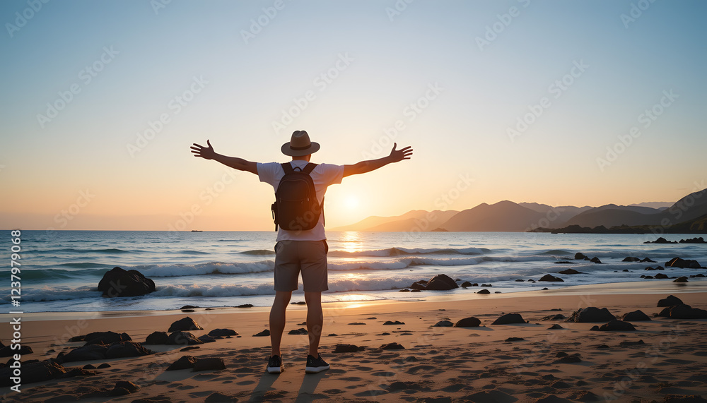 Fototapeta premium Sunset Serenity Traveler with Outstretched Arms on Beach for Travel Inspiration FREE Download HD Image