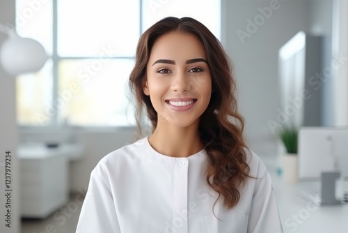Free Download Portrait of smiling female doctor wearing white coat in medical clinic - GFXLoad