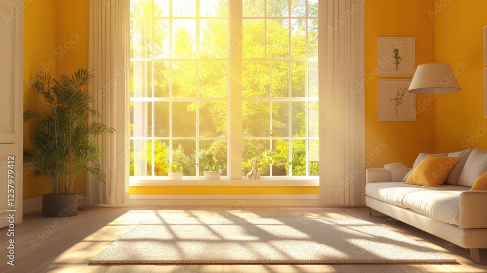 Fototapeta premium Bright, cozy living room with sunlight streaming through large windows and a view of greenery.
