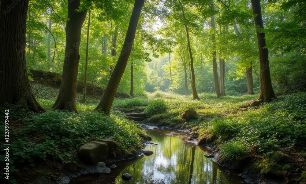 Serene forest with reflective stream Serene forest with reflective stream