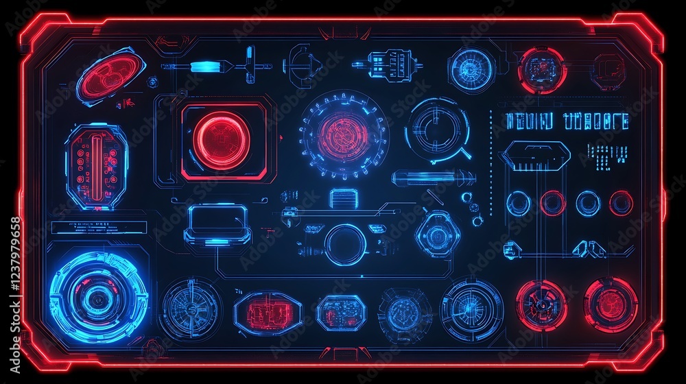 Obraz premium Futuristic Sci Fi Interface Panel Displays Red Blue Technology