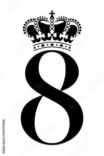 Number "8" with Decorative Royal Crown , A bold number "8" adorned with a detailed royal crown, symbolizing prestige, elegance, and luxury in typography, branding, and design.  
 
