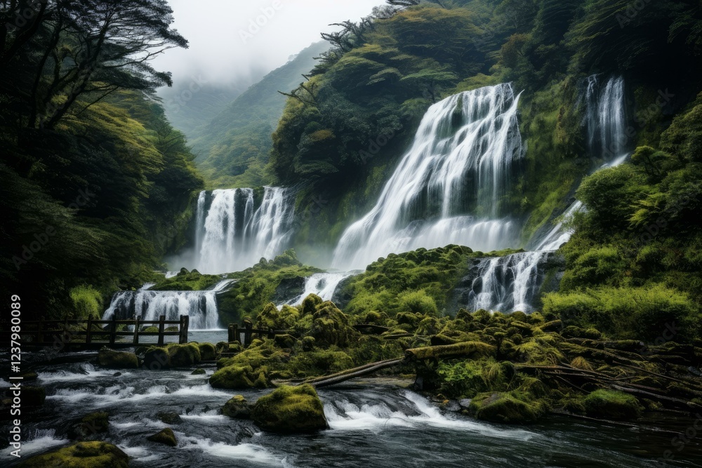 Fototapeta premium Stunning waterfalls flow down mossy rocks in a lush green forest, creating a tranquil and picturesque scene