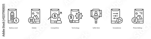 Virtual Meetings Icon Sheet Technology, Competitive, Battery Level, Delete, Selfie Stick, Smartphone, Photo Editing