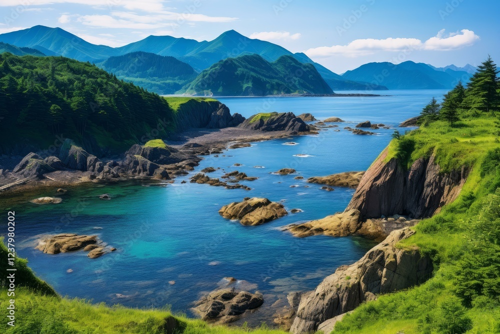 Shiretoko national park rocky coastline meeting turquoise water under blue sky on a sunny day Shiretoko national park rocky coastline meeting turquoise water under blue sky on a sunny day