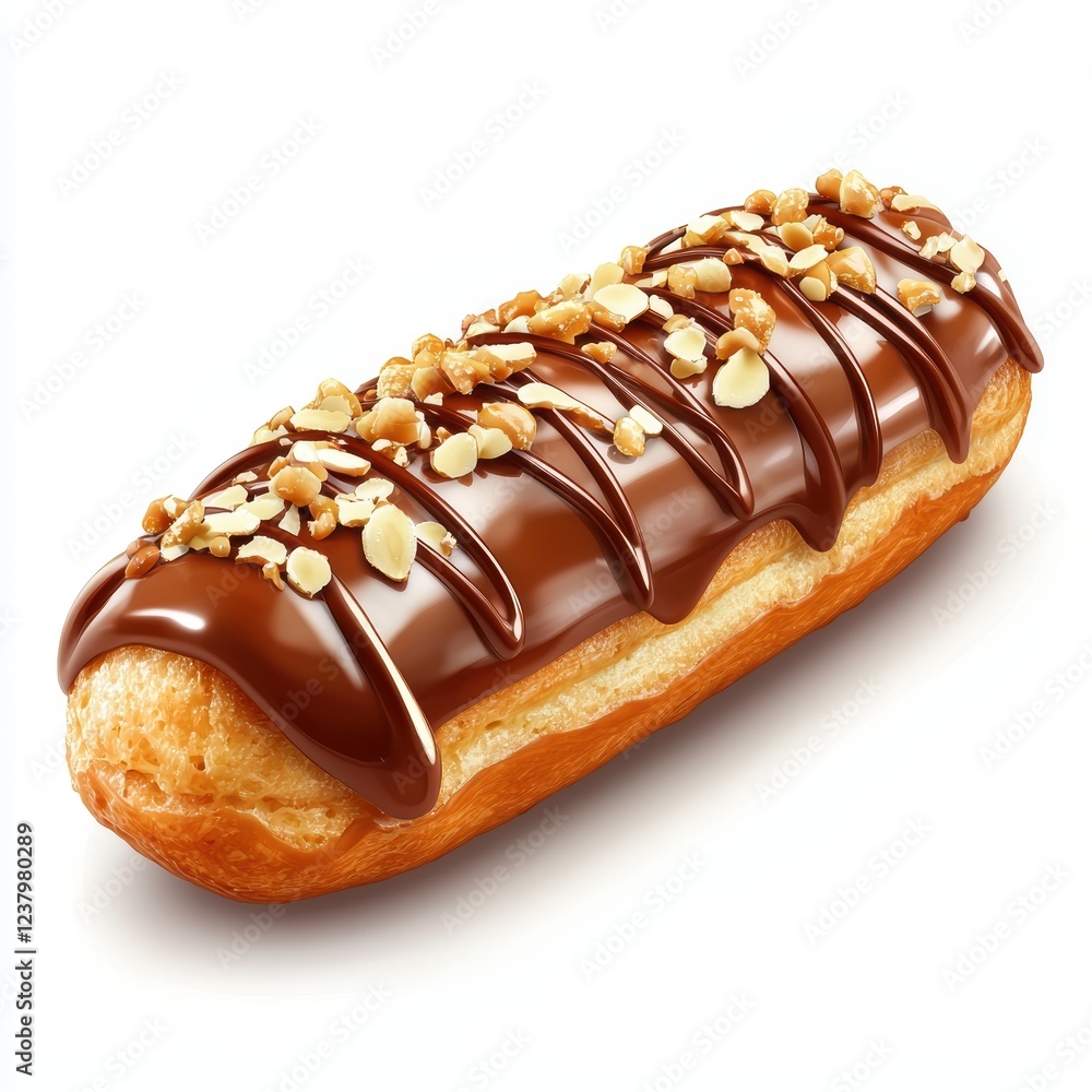 Caramel-drizzled eclair with crunchy almond topping, centered on a clean white background Caramel-drizzled eclair with crunchy almond topping, centered on a clean white background