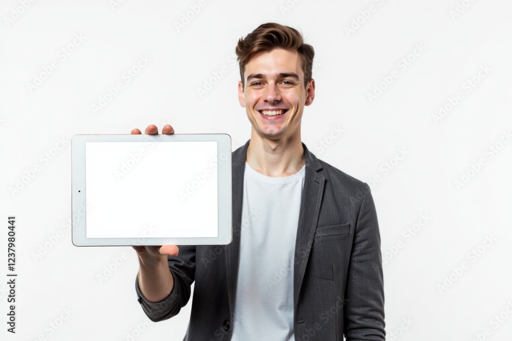A business man holding a tablet with a blank white screen, representing technology, communication, and modern professionalism. A business man holding a tablet with a blank white screen, representing technology, communication, and modern professionalism.