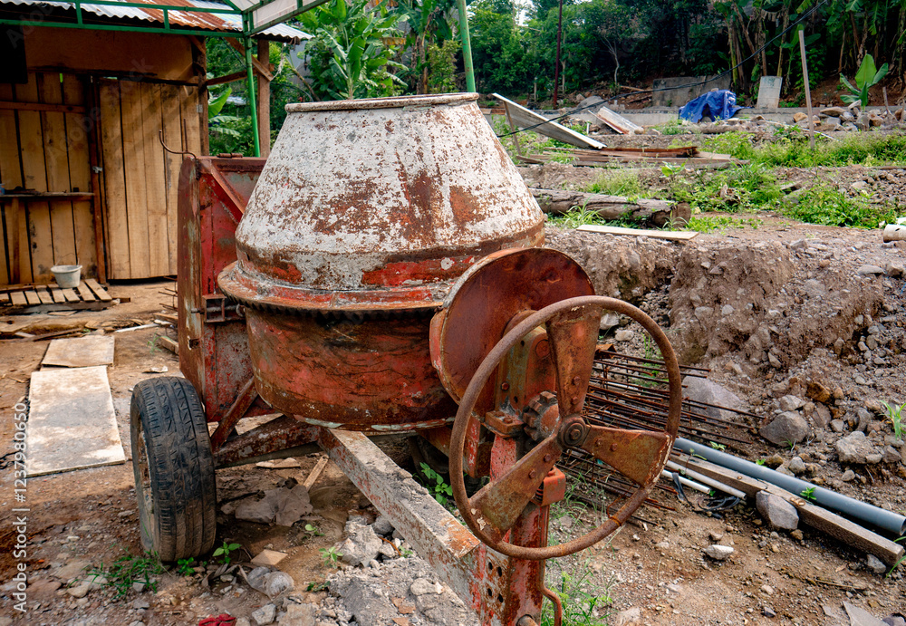 The cement mixer machine is parked at the construction site, there is a lot of rust on its body The cement mixer machine is parked at the construction site, there is a lot of rust on its body