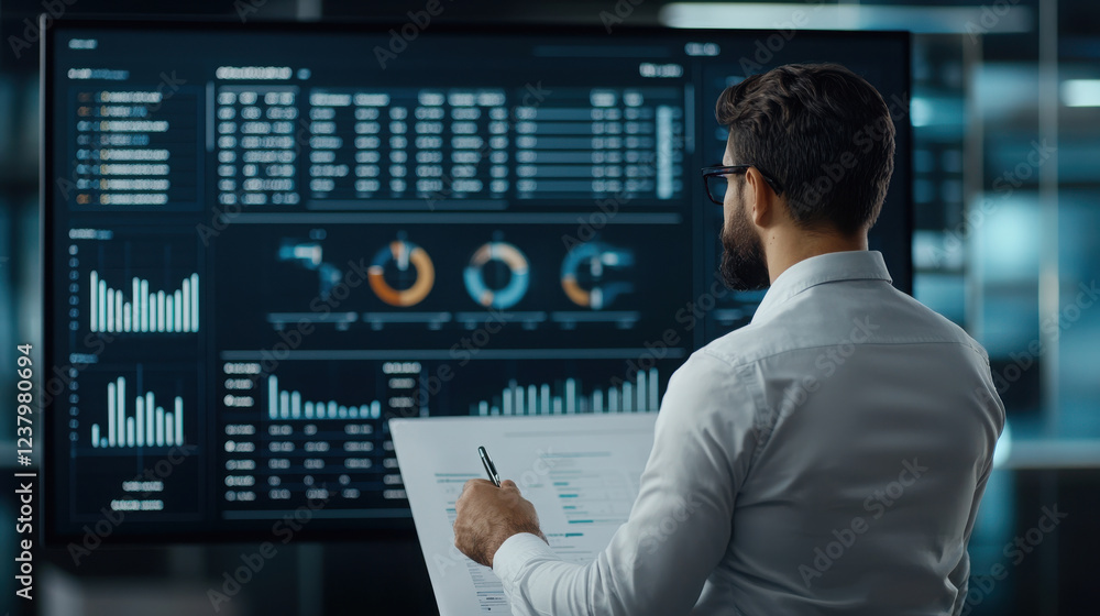 Data analyst reviewing corporate growth report on digital screen Data analyst reviewing corporate growth report on digital screen