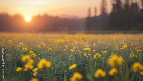Fototapeta Naklejka Na Ścianę i Meble -  Abstract soft focus sunset field landscape of yellow flowers and grass meadow warm golden hour sunset sunrise time. Tranquil spring summer nature closeup and blurred forest background. Idyllic nature