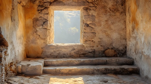 Sunlight streaming through a weathered stone window in an ancient ruin, highlighting the serene interior photo