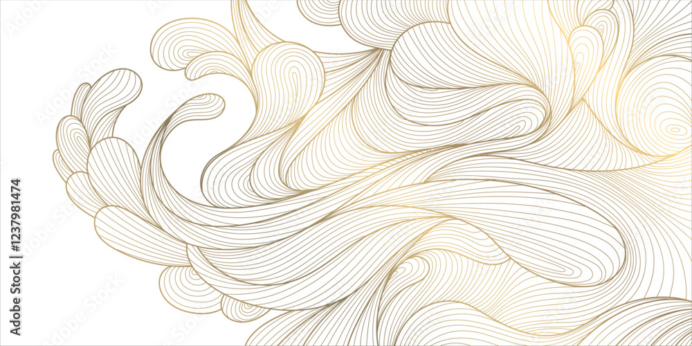 Fototapeta premium Vector gold white asian pattern, wave line sea, japanese style abstract water illustration. Luxury oriental poster, river banner