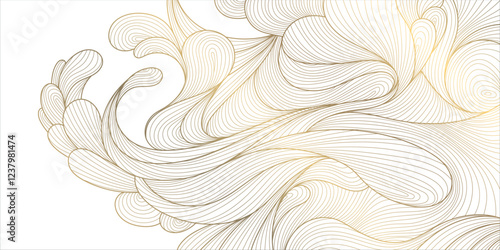 Vector gold white asian pattern, wave line sea, japanese style abstract water illustration. Luxury oriental poster, river banner
