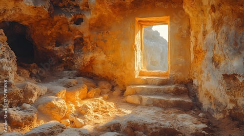 Sunlit cave interior with stone steps leading to a glowing doorway, showcasing natural textures photo