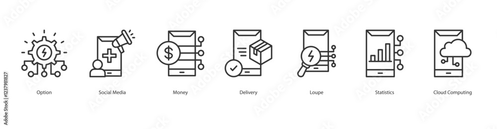Virtual Training Icon Sheet Option, Social Media, Money, Delivery, Loupe, Statistics, Cloud Computing Virtual Training Icon Sheet Option, Social Media, Money, Delivery, Loupe, Statistics, Cloud Computing
