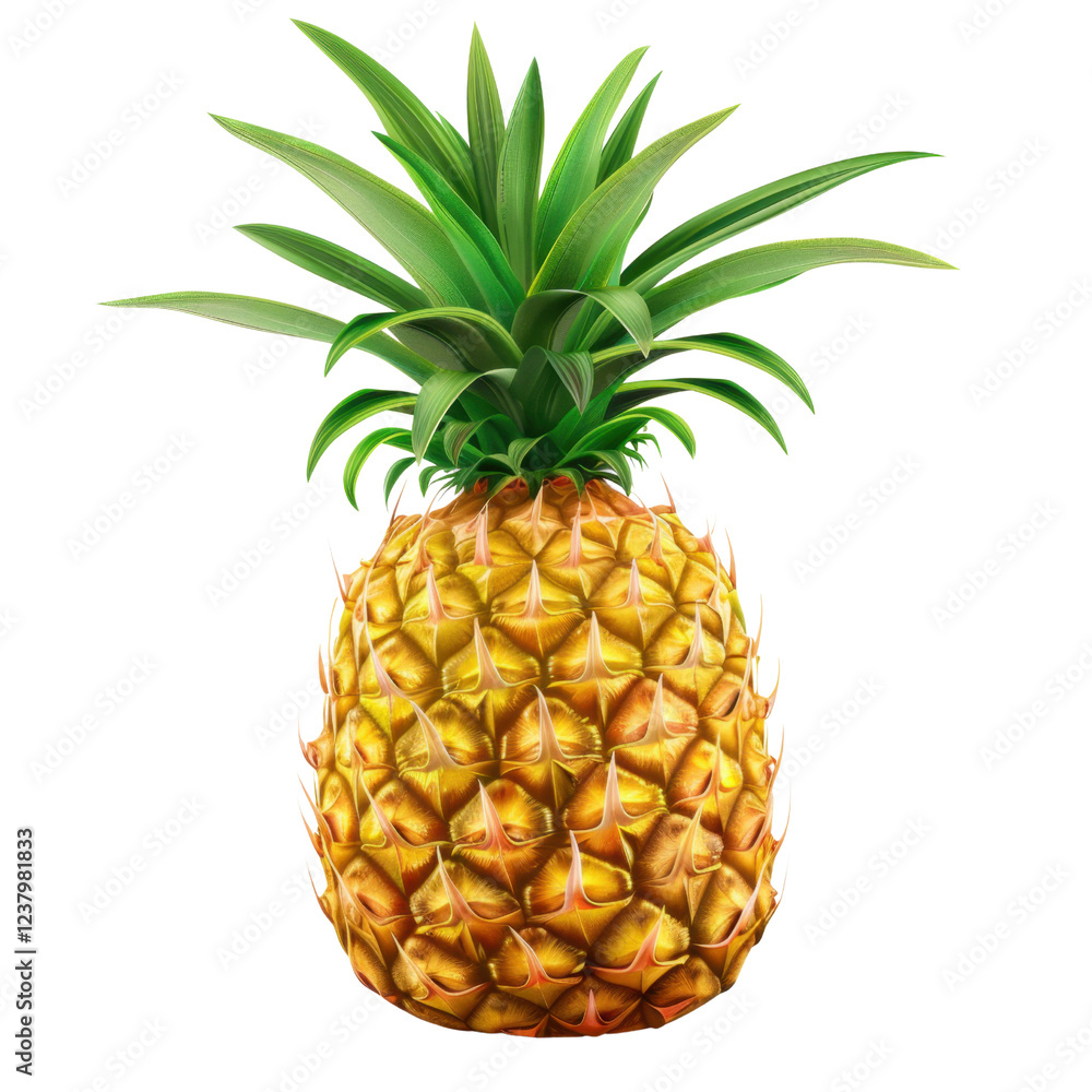 Fototapeta premium Fresh pineapple with vibrant green leaves and textured golden skin, perfect for tropical themes and culinary uses