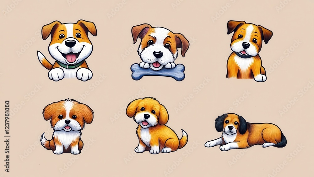 Obraz premium Adorable Cartoon Dogs Six Cute Puppy Illustrations Perfect for Pet Lovers and Kids Products