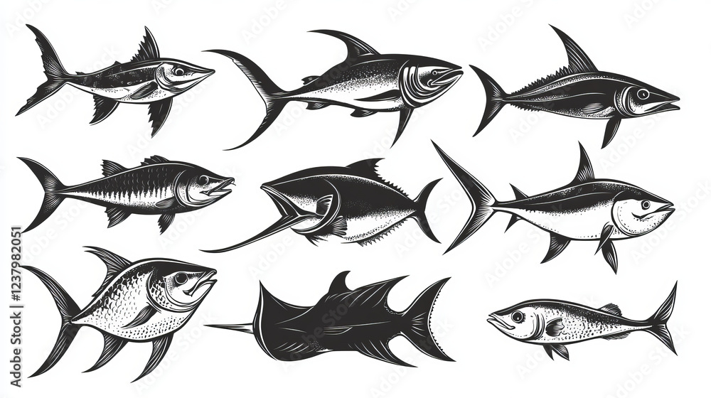 Tuna and swordfish isolated monochrome icons. Vector ocean fish species, fishing club or fishery store logo. Atlantic marlin or mackerel, marine animal with long dorsal fin crest, seafood emblem Tuna and swordfish isolated monochrome icons. Vector ocean fish species, fishing club or fishery store logo. Atlantic marlin or mackerel, marine animal with long dorsal fin crest, seafood emblem